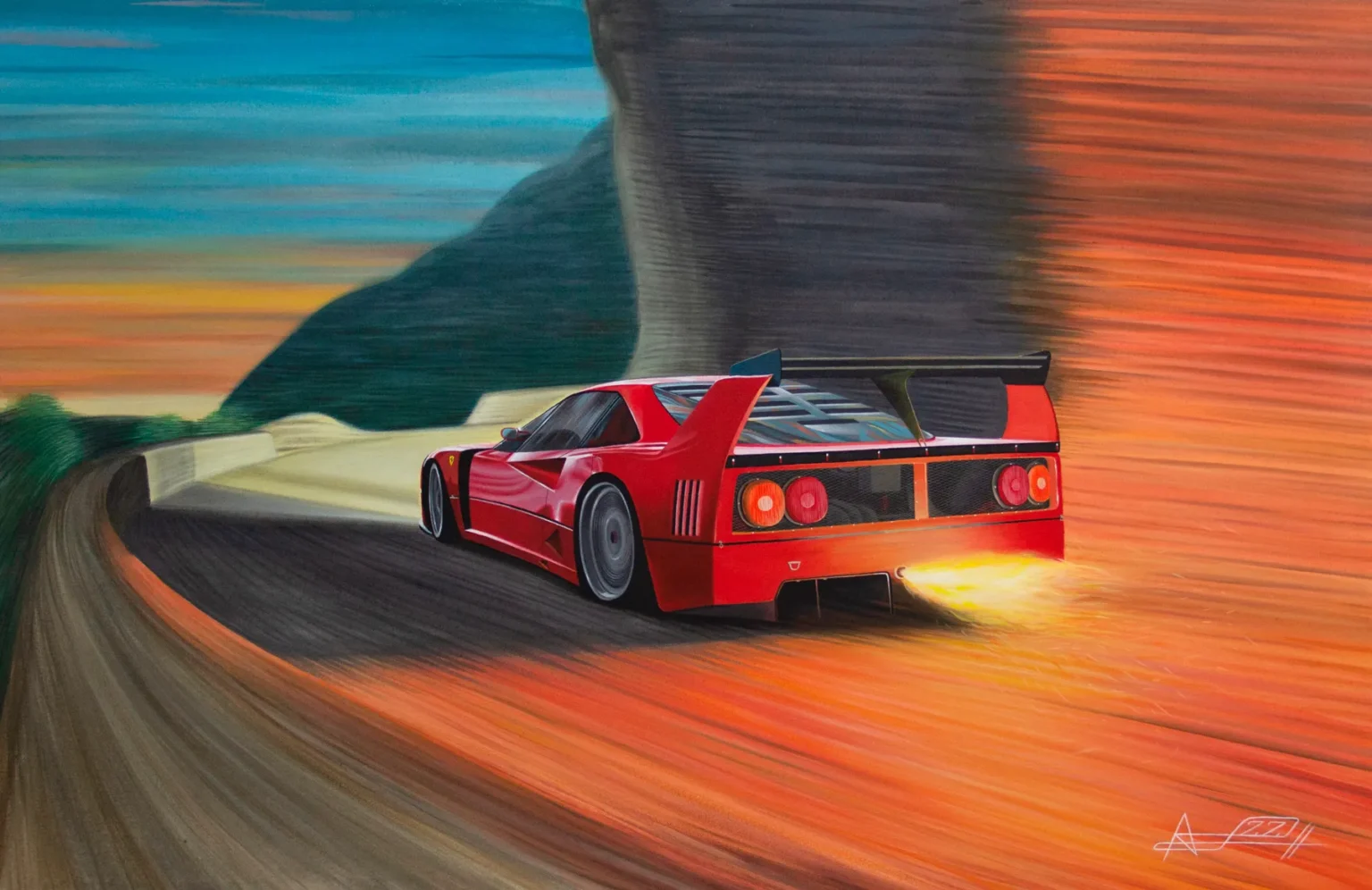 Galeria de arte Ferrari F40 LM en un tramo al amanecer