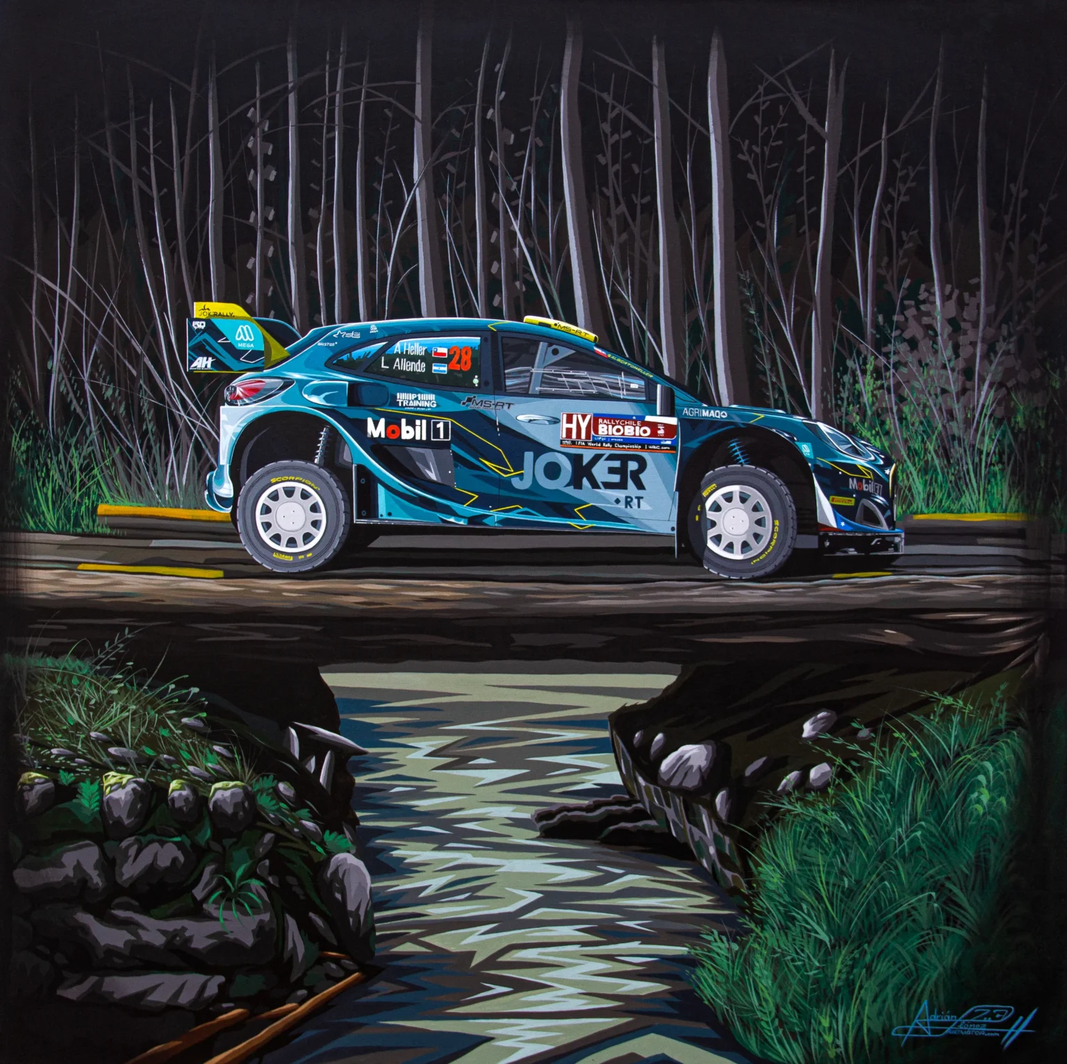 Encargo personalizado obra de arte enviada a Chile sobre el WRC y el Rally de Chile. Ford Puma Rally1